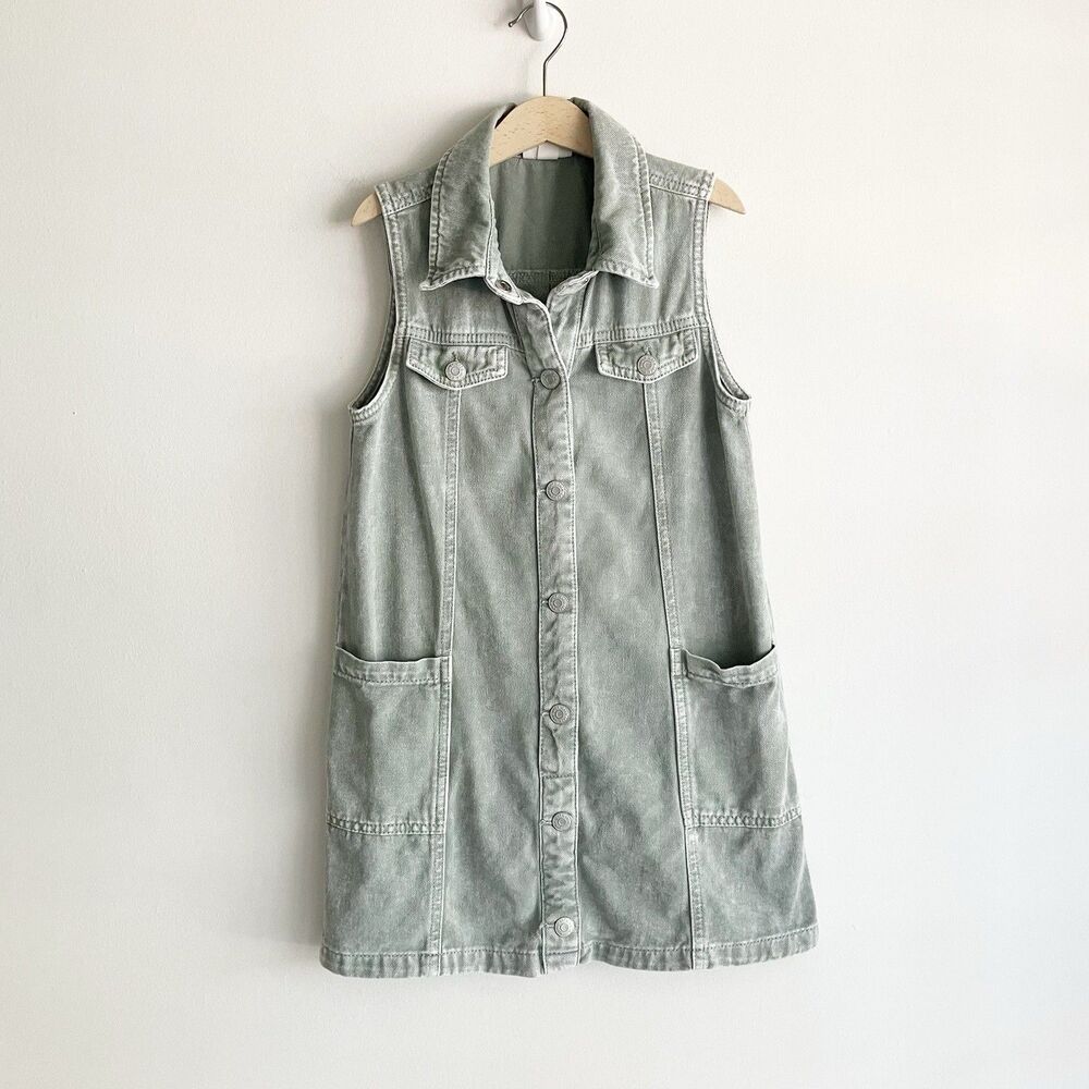 Cat & Jack Sleeveless Denim Shirt Dress Girls Sz 8 Sage Green Pockets Snap